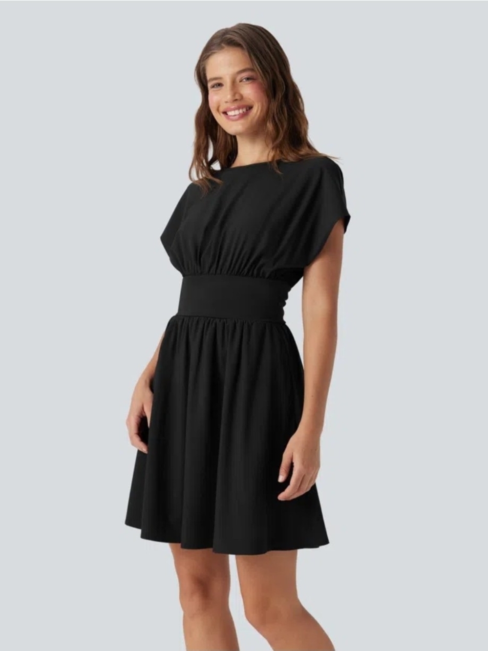 HALARA Black Short-Sleeve Cinched-Waist Midi Dress with Wide Waistband